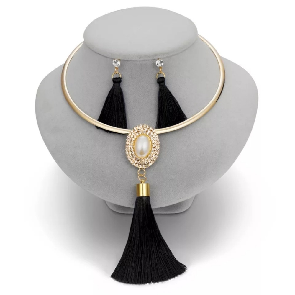 Black tassel rose gold choker necklace set